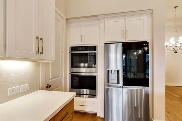 Interior, Kitchen, Pendant Lights, Stainless Steel Appliances, Wood Texture Flooring