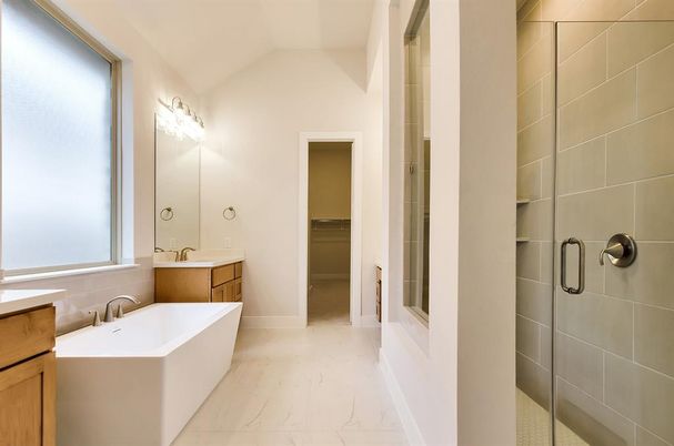 Bathroom, Dual Sink Vanities, Free Standing Baths, Glass Shower, Interior, Marble