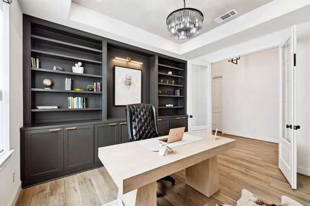 Chandelier, Home Office, Interior, Pendant Lights, Wood Texture Flooring
