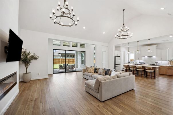 Chandelier, Interior, Kitchen, Living room, Pendant Lights, Recessed Lighting, Wood Texture Flooring