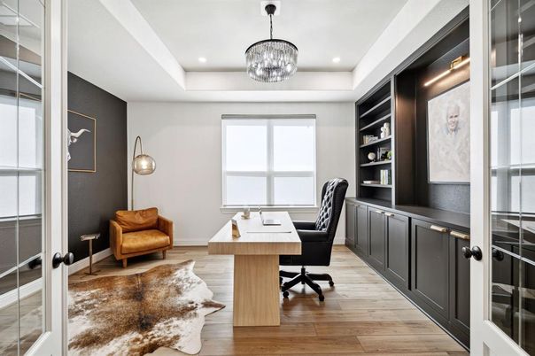 Home Office, Interior, Pendant Lights, Recessed Lighting, Wood Texture Flooring