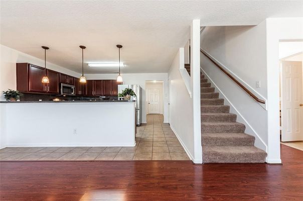 Interior, Kitchen, Pendant Lights, Wood Texture Flooring