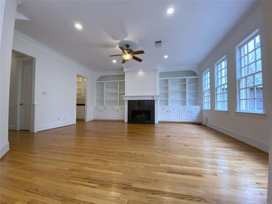 Empty room, Fireplace, Interior, Recessed Lighting, Wood Texture Flooring