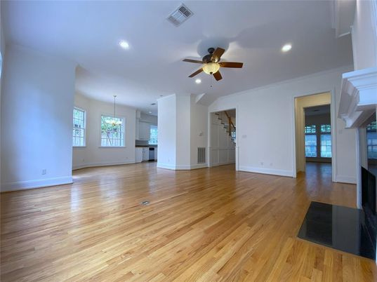 Empty room, Fireplace, Interior, Recessed Lighting, Wood Texture Flooring