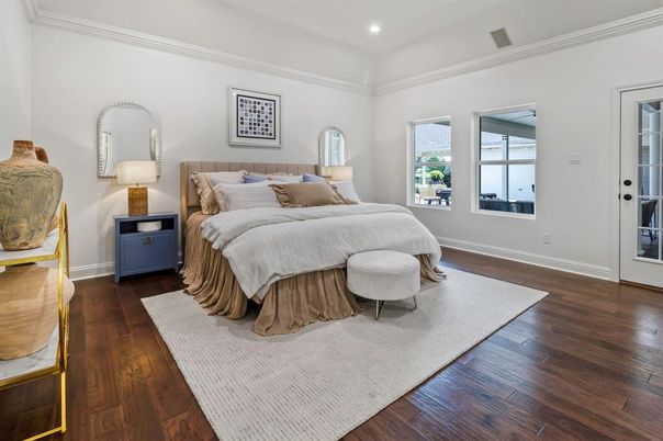 Bedroom, Interior, Recessed Lighting, Wood Texture Flooring