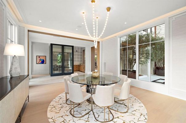 Dining room, Interior, Pendant Lights, Recessed Lighting, Wood Texture Flooring