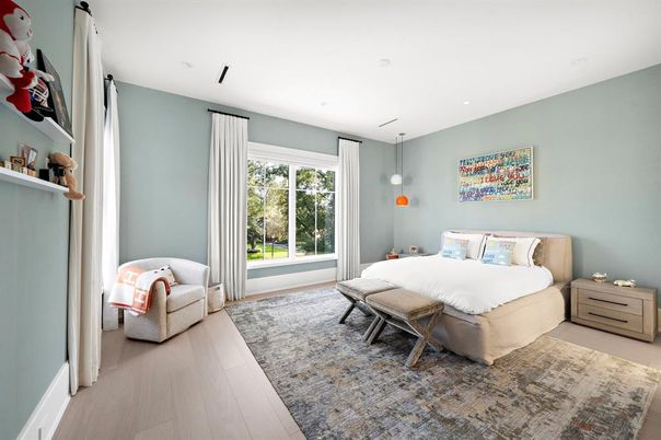 Bedroom, Interior, Pendant Lights, Recessed Lighting, Wood Texture Flooring