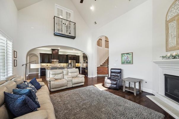 Fireplace, Interior, Kitchen, Living room, Recessed Lighting, Wood Texture Flooring