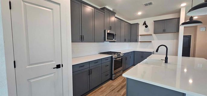 Interior, Kitchen, Pendant Lights, Recessed Lighting, Wood Texture Flooring