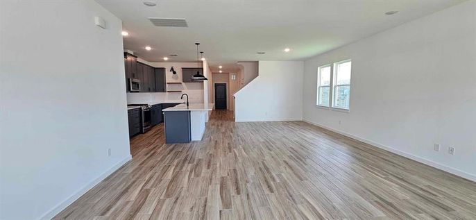Empty room, Interior, Kitchen, Pendant Lights, Recessed Lighting, Wood Texture Flooring