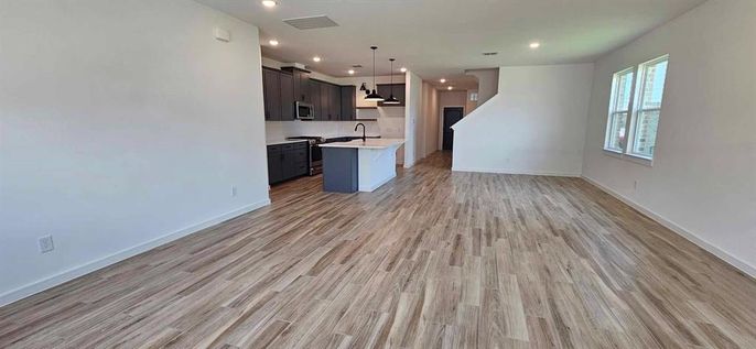 Empty room, Interior, Kitchen, Pendant Lights, Recessed Lighting, Wood Texture Flooring