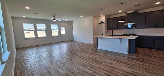 Empty room, Interior, Kitchen, Pendant Lights, Recessed Lighting, Wood Texture Flooring
