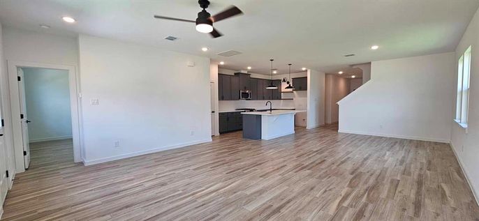 Empty room, Interior, Kitchen, Pendant Lights, Recessed Lighting, Wood Texture Flooring