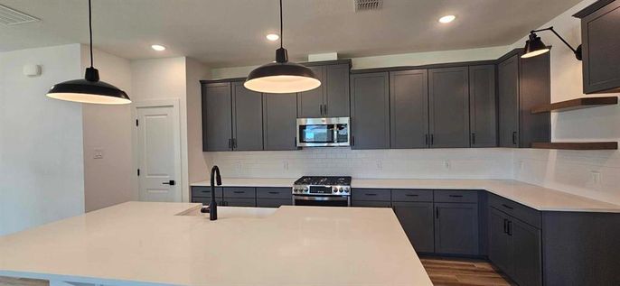 Interior, Kitchen, Pendant Lights, Recessed Lighting, Stainless Steel Appliances, Wood Texture Flooring