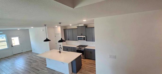 Interior, Kitchen, Pendant Lights, Recessed Lighting, Wood Texture Flooring