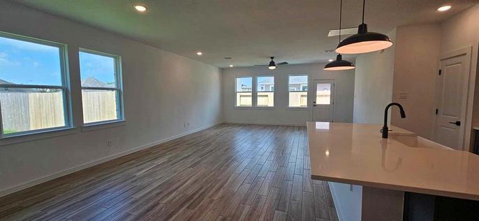Interior, Kitchen, Pendant Lights, Recessed Lighting, Wood Texture Flooring