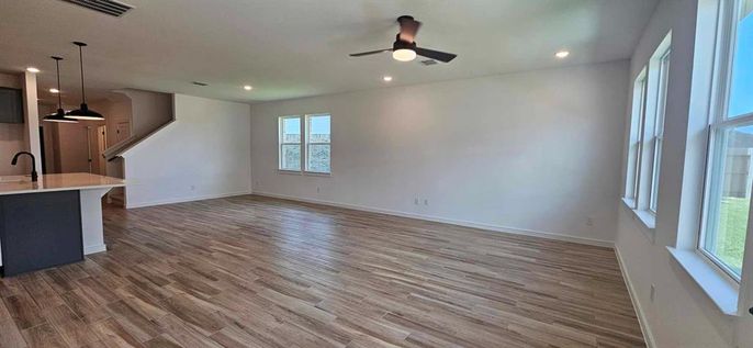 Empty room, Interior, Kitchen, Pendant Lights, Recessed Lighting, Wood Texture Flooring