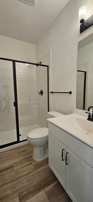 Bathroom, Glass Shower, Interior, Wood Texture Flooring