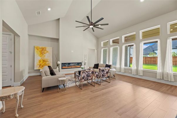 Fireplace, Interior, Living room, Pendant Lights, Recessed Lighting, Wood Texture Flooring