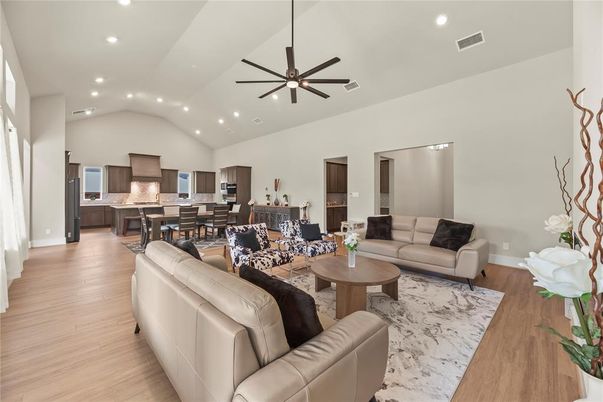 Dining room, Interior, Kitchen, Living room, Recessed Lighting, Stainless Steel Appliances, Wood Texture Flooring
