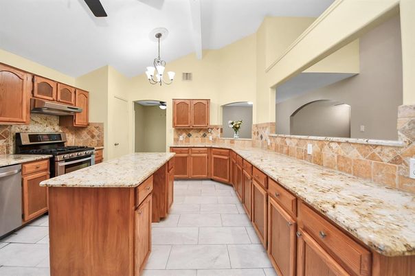 Chandelier, Interior, Kitchen, Stainless Steel Appliances