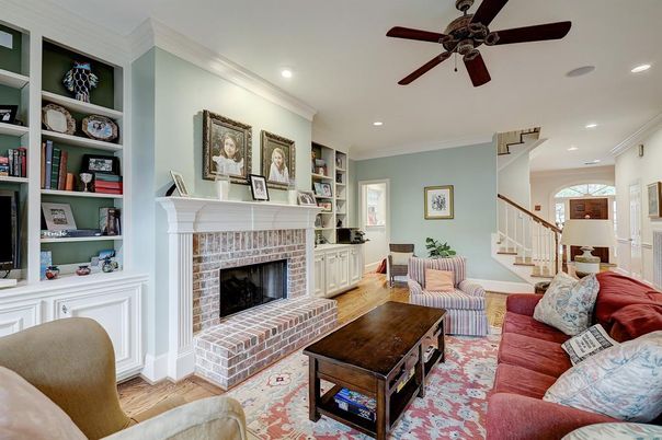Fireplace, Interior, Living room, Recessed Lighting, Wood Texture Flooring