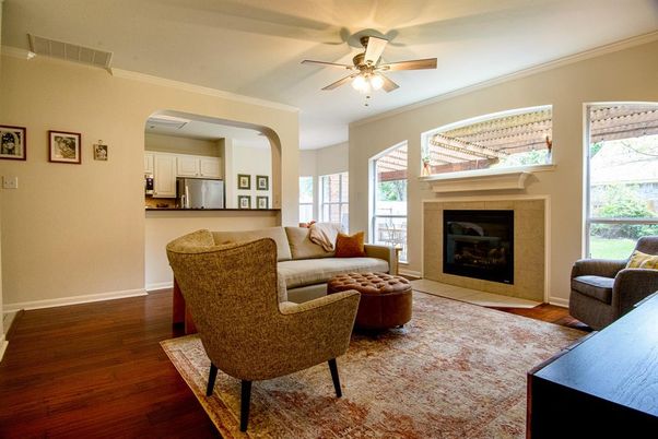 Fireplace, Interior, Kitchen, Living room, Stainless Steel Appliances, Wood Texture Flooring