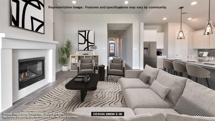 Dining room, Fireplace, Interior, Kitchen, Living room, Pendant Lights, Recessed Lighting, Stainless Steel Appliances, Wood Texture Flooring