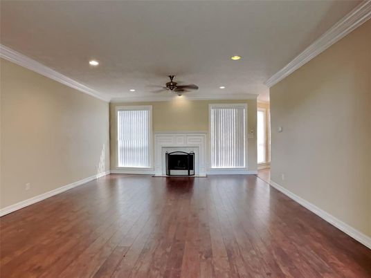 Empty room, Fireplace, Interior, Recessed Lighting, Wood Texture Flooring
