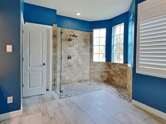 Bathroom, Glass Shower, Interior, Marble, Recessed Lighting