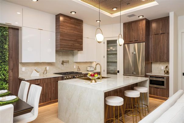 Interior, Kitchen, Pendant Lights, Recessed Lighting, Stainless Steel Appliances, Wood Texture Flooring