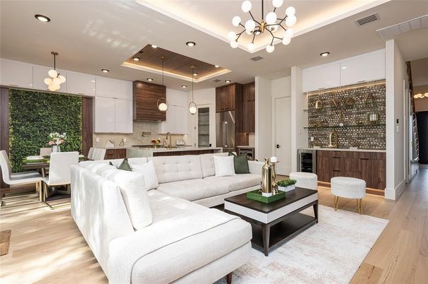 Dining room, Interior, Kitchen, Living room, Pendant Lights, Recessed Lighting, Stainless Steel Appliances, Wood Texture Flooring