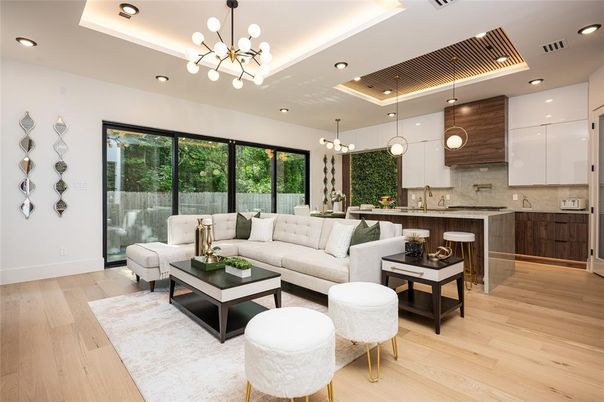 Interior, Kitchen, Living room, Pendant Lights, Recessed Lighting, Wood Texture Flooring