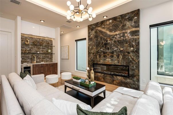 Fireplace, Interior, Living room, Marble Walls, Pendant Lights, Recessed Lighting