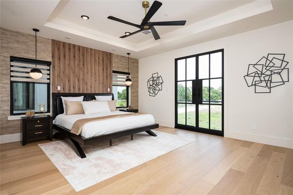 Bedroom, Interior, Pendant Lights, Recessed Lighting, Wood Texture Flooring