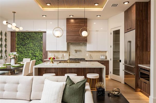 Interior, Kitchen, Living room, Pendant Lights, Recessed Lighting, Wood Texture Flooring