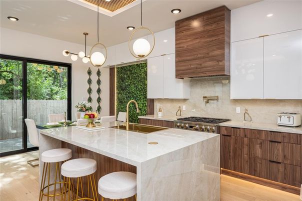 Interior, Kitchen, Pendant Lights, Recessed Lighting, Stainless Steel Appliances, Wood Texture Flooring