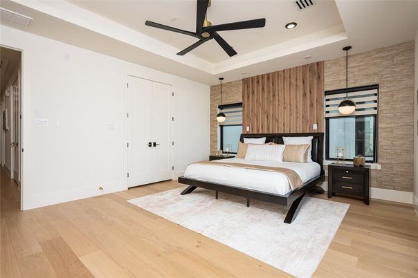Bedroom, Interior, Pendant Lights, Recessed Lighting, Wood Texture Flooring