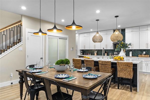 Dining room, Interior, Kitchen, Pendant Lights, Recessed Lighting, Wood Texture Flooring