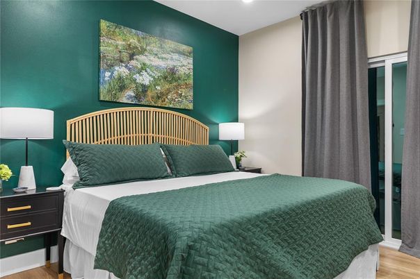 Bedroom, Interior, Recessed Lighting, Wood Texture Flooring