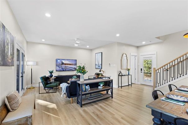Interior, Living room, Recessed Lighting, Wood Texture Flooring