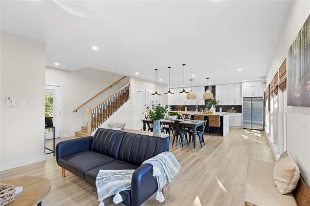 Dining room, Interior, Kitchen, Living room, Pendant Lights, Recessed Lighting, Stainless Steel Appliances, Wood Texture Flooring
