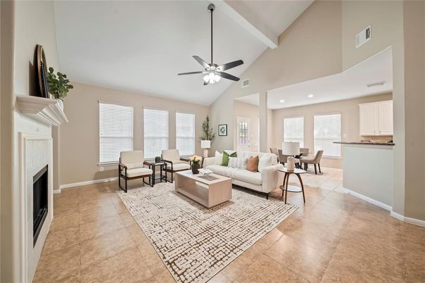 Dining room, Fireplace, Interior, Living room, Recessed Lighting