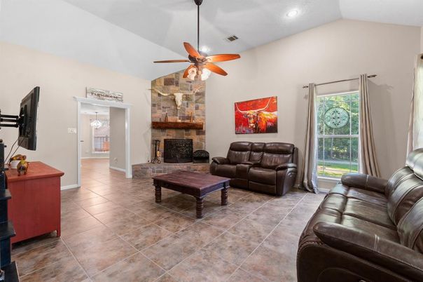 Fireplace, Interior, Living room, Recessed Lighting, Stone Walls