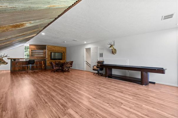 Home Office, Interior, Recessed Lighting, Wood Texture Flooring, Wooden Walls
