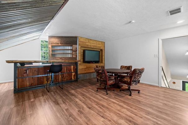 Dining room, Interior, Recessed Lighting, Wood Texture Flooring, Wooden Walls