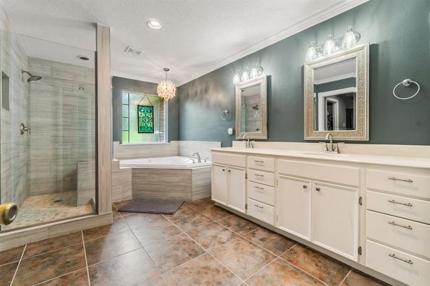 Bathroom, Dual Sink Vanities, Glass Shower, Interior, Pendant Lights, Recessed Lighting
