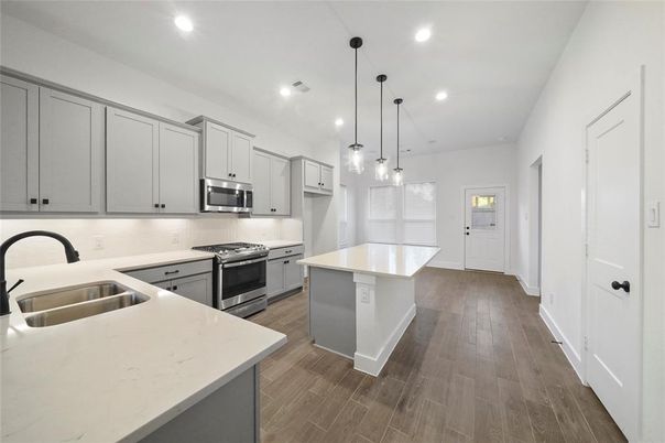 Interior, Kitchen, Pendant Lights, Recessed Lighting, Stainless Steel Appliances, Wood Texture Flooring