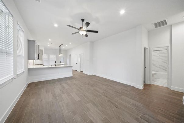 Empty room, Interior, Kitchen, Pendant Lights, Recessed Lighting, Wood Texture Flooring