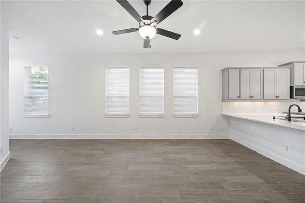 Empty room, Interior, Kitchen, Recessed Lighting, Wood Texture Flooring